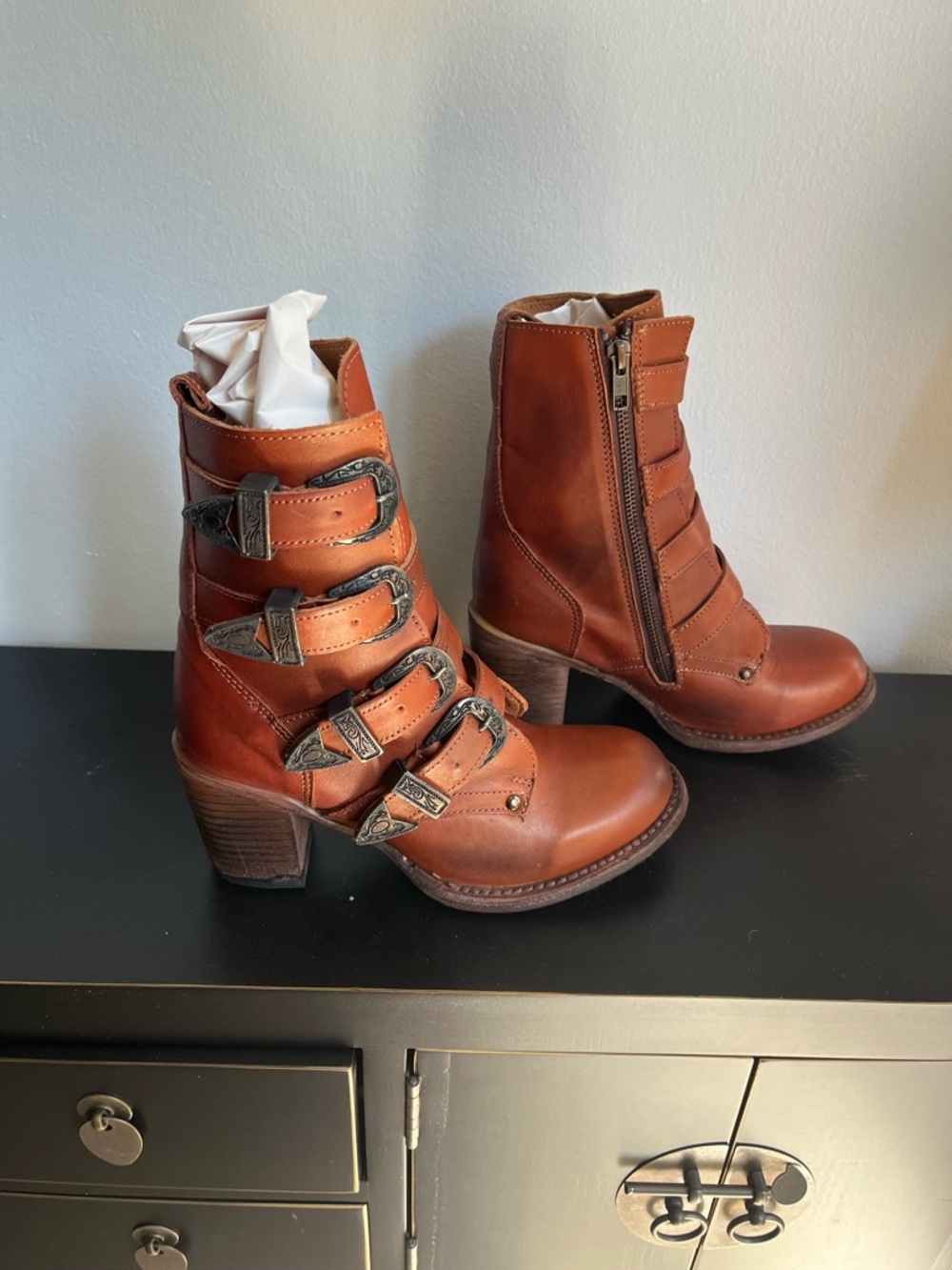Freebird by Steven Cognac Brown Buckle Strap Ankle Boots